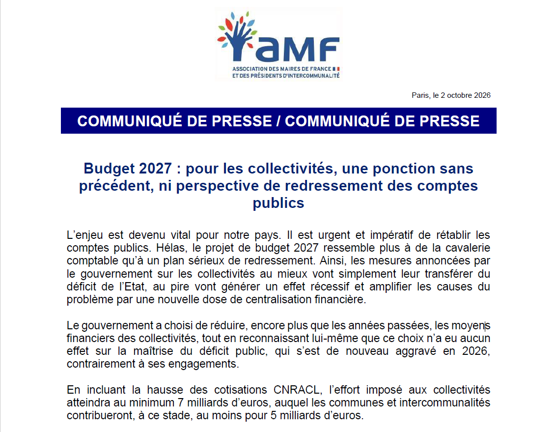 Communiqué de presse de l&rsquo;AMF : Budget 2027 : pour les collectivités, une ponction sans précédent, ni perspective de redressement des comptes publics