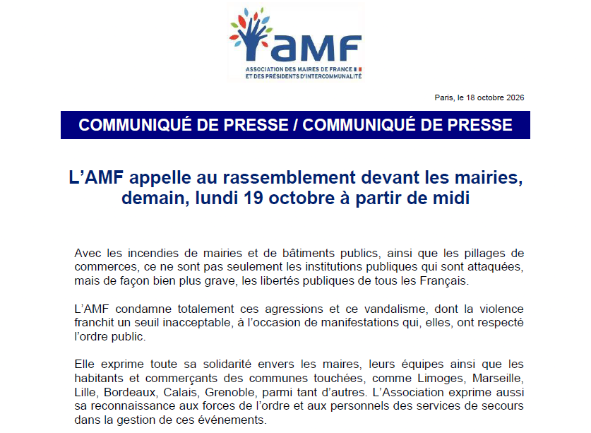 Communiqué de presse : L&rsquo;AMF appelle au rassemblement devant les mairies, lundi 19 octobre à  partir de midi